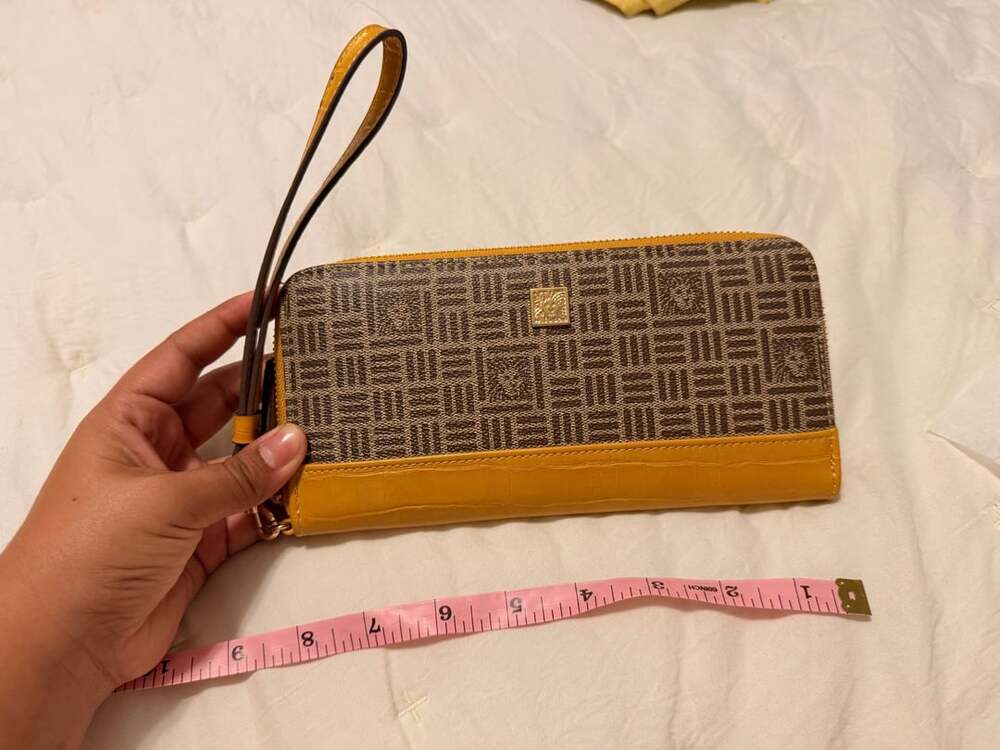 Anne Klein Zip Around Wristlet Wallet Brown Yellow Logo